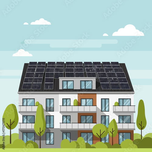 Modern apartment building with solar panels on the roof for renewable energy. Vector illustration concept of sustainable urban housing