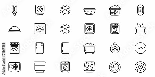 Outline icons depicting kitchen appliances, food items, and temperature related symbols in a grid format