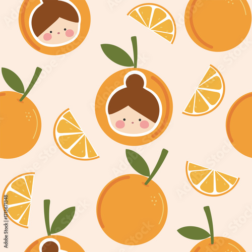 orange  , piece of orange and girl head on orange seamless pattern , vector , illustration