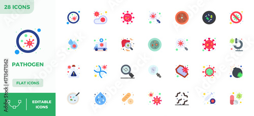 28 Flat Colorful PIXEL Perfect Designs for Pathogen 128x128 Vector Icons