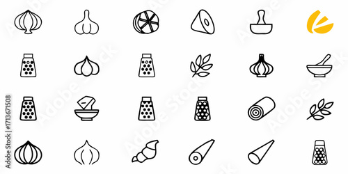Collection of kitchen and food icons including garlic, lemon, grater, herbs, and cooking tools in black outline