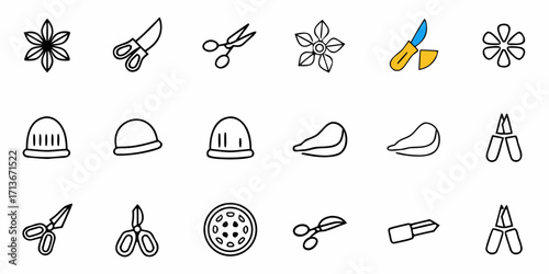 Collection of various types of containers and food items arranged in a grid pattern on a white background