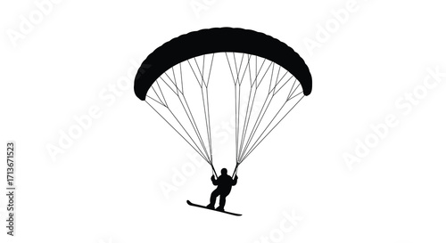 Silhouette of a person paragliding with a parachute against a white background