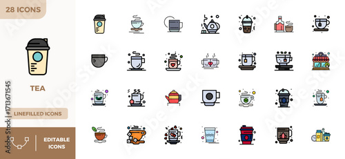 28 128x128 Lineal Color Filled PIXEL Perfect Vector Icons for Tea Projects