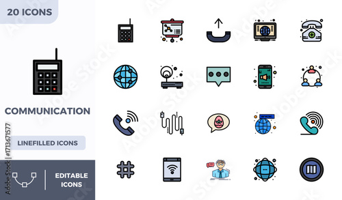 20 Lineal Color Filled Vector Icons designed for Communication in 128x128 PIXEL Perfect format