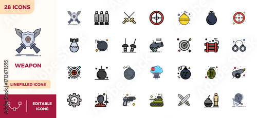 Weapon Premium Vector Bundle with 28 128x128 PIXEL Perfect Lineal Color Filled Icons