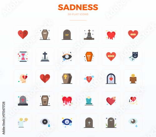 30 Vector Icons for Sadness featuring 128x128 PIXEL Perfect Flat Graphics