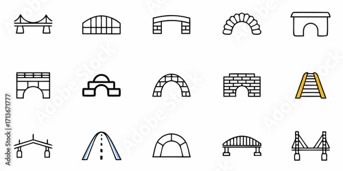 Illustration showing a collection of various bridge designs and archway structures in simple line art style