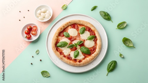 Clean and minimal flat lay of margherita pizza with fresh basil on white ceramic plate, pastel background, modern top-down food photography, bright and appetizing composition