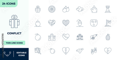 Conflict Vector Icon Collection featuring 24 PIXEL Perfect 128x128 Thin Outline Designs