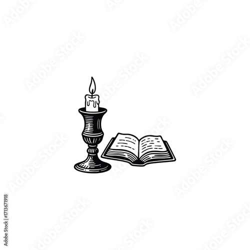 engraving style illustration featuring a burning candle in an ornate candlestick standing next to an open book