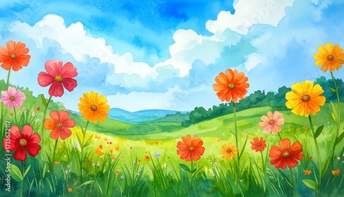 Fototapeta Naklejka Na Ścianę i Meble -  Colorful meadow landscape with flowers under a vibrant sky