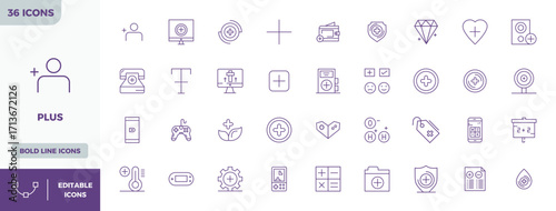 36 128x128 Bold Line Vector Icons for Plus with PIXEL Perfect precision