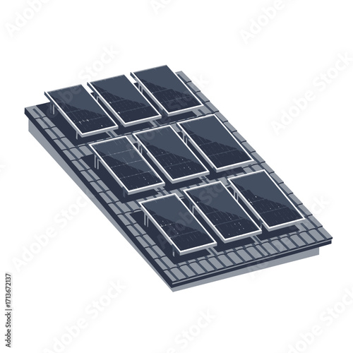 Nine solar panels are arranged on a gray tiled roof, angled upwards to capture sunlight.