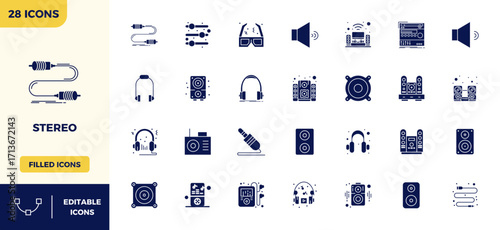 Stereo Complete Vector Package with 28 128x128 Glyph Filled PIXEL Perfect Icons