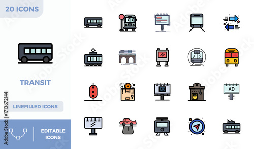 Transit Vector Icon Arsenal with 20 128x128 Lineal Color Filled PIXEL Perfect designs