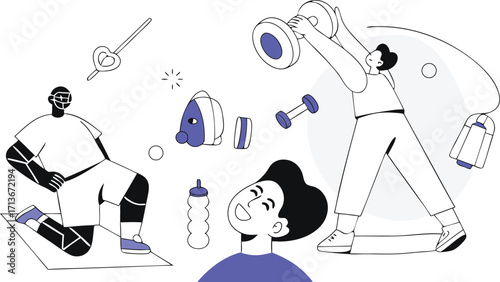 Vector illustration of people exercising with fitness equipment for health and wellness