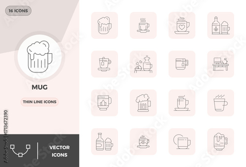 Mug Design Vector Icons featuring 16 PIXEL Perfect Slim Line Style