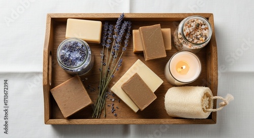 Wooden tray with soaps, candles, and lavender, spa essentials.