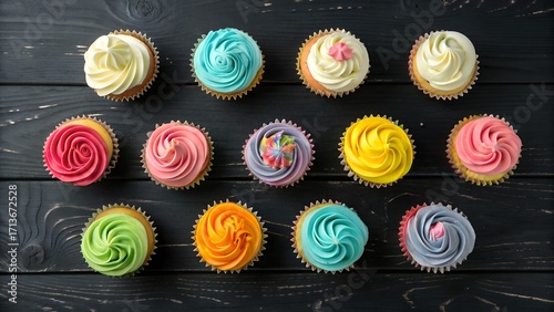 Overhead view of cupcakes with colorful frosting on black rustic wood, clean modern styling, bright and appetizing, top-down food photography, negative space for branding or text
