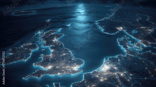 Aerial View of Illuminated United Kingdom and Ireland at Night with Ocean Surrounding the Landmass