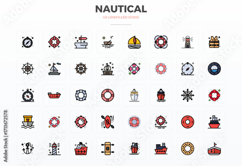 Nautical Vector Icon Collection with 40 128x128 Flat Line Filled Designs