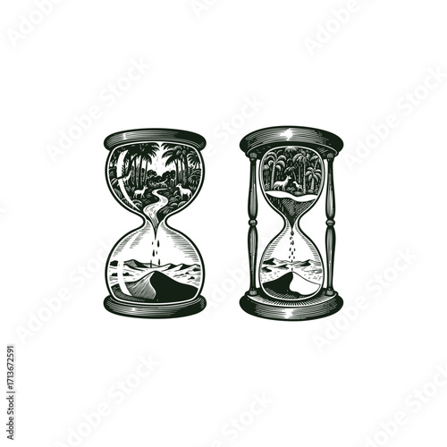 engraving illustration of an hourglass symbolizing the passage of time and environmental change. The top chamber features a lush jungle with animals, while the bottom reveals a dry desert landscape