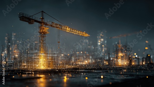A golden construction crane stands against a futuristic, glowing cityscape at night, suggesting urban development and technological advancement