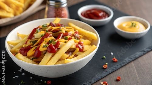 Flat lay of loaded fries in a minimal bowl on black matte table, bright golden fries with vibrant condiments, clean top-down food photography, modern styling, negative space included