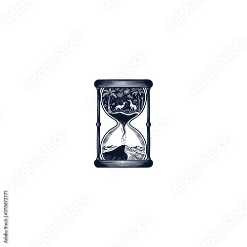 engraving illustration of an hourglass symbolizing the passage of time and environmental change. The top chamber features a lush jungle with animals, while the bottom reveals a dry desert landscape