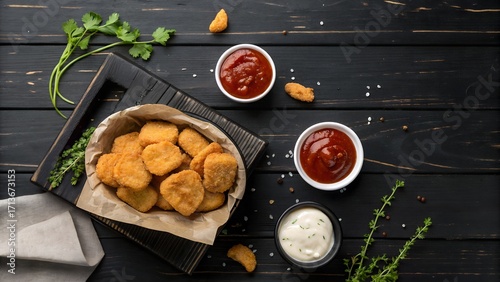Flat lay of chicken nuggets with dipping sauces on black rustic wooden table, bright colorful presentation, minimal props, clean top-down food photography, negative space included