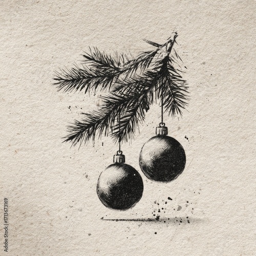 Monochrome illustration of two matte ornaments hanging from a pine sprig against a textured beige backdrop