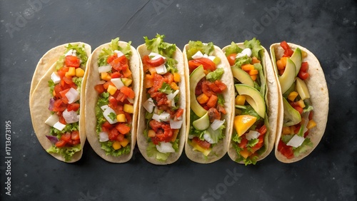 Overhead view of tacos with colorful fillings on dark concrete surface, neat arrangement, clean top-down food photography, vibrant ingredients, modern styling, space for text