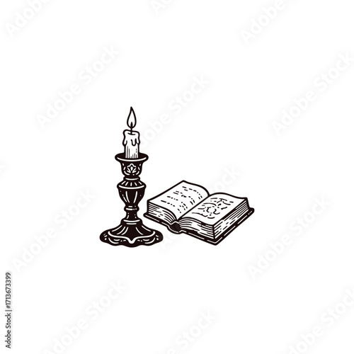engraving style illustration featuring a burning candle in an ornate candlestick standing next to an open book