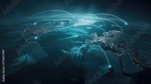 Futuristic Global Network Connections Over Earth with Bright Points and Lines Representing Data Transfer and Communication