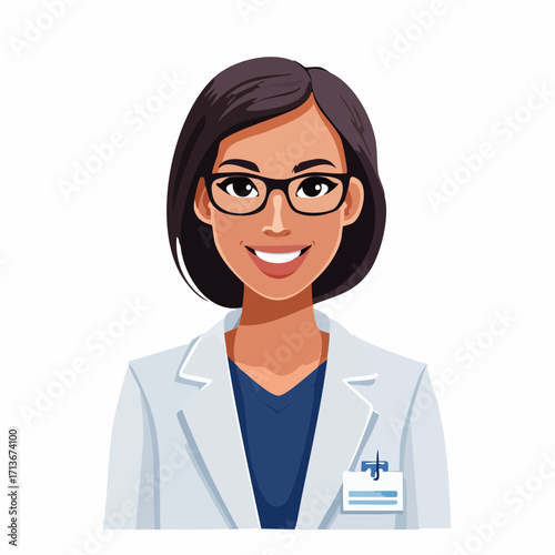 Portrait of a smiling female doctor wearing glasses and a white lab coat with a stethoscope around her neck