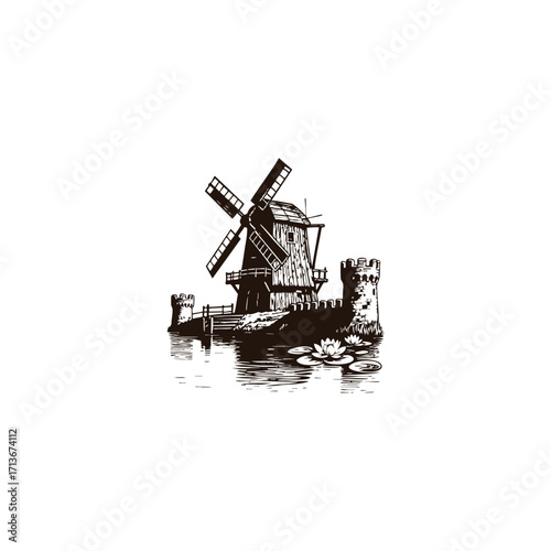 illustration of an old wooden windmill standing by a calm river or lake. vector template