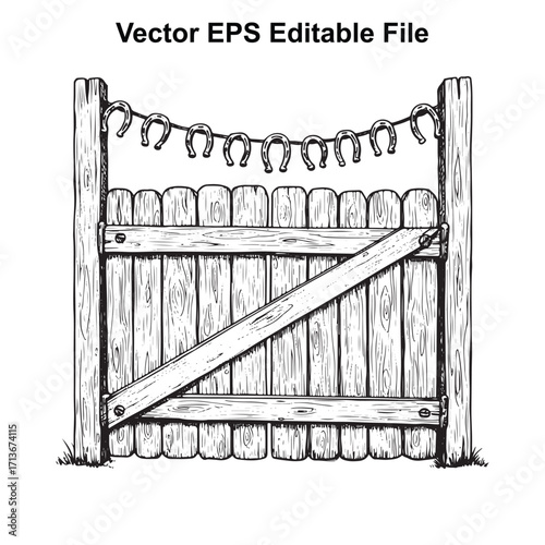 Vector art of rustic wooden fence gate with horseshoes strung across the top