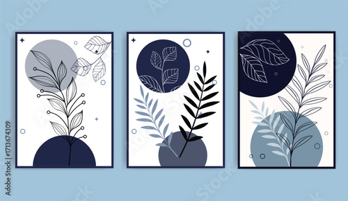 Botanical Wall Art Trio Modern Abstract Prints with Leaves and Geometric Shapes