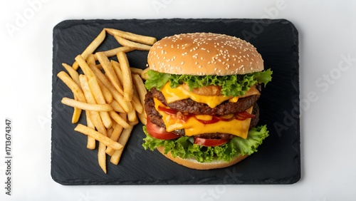 Overhead view of double cheeseburger with fries on black matte surface, clean top-down food styling, bright and appetizing, modern commercial photography, negative space for text