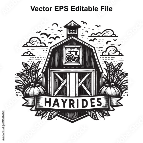 Vector art of barn with hayrides sign, pumpkins, tractor, and clouds