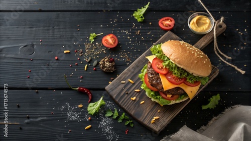 Flat lay of gourmet burger with lettuce, tomato, and cheese on black rustic wooden table, bright colorful toppings, minimal props, clean top-down food photography, space for text