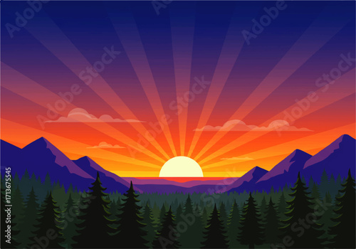 A vibrant cartoon sunset over a forest and mountains, with sun rays radiating into a colorful sky.