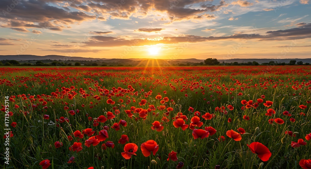 Obraz premium Golden hour light bathes a vibrant field of red poppies and green grass in a peaceful countryside setting