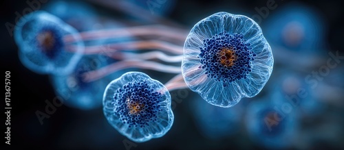 Intricate bioluminescent flora with translucent petals, deep blue centers, and slender stems against a dark background