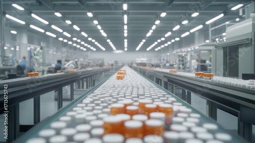 Pharmaceutical production line with capsules traveling on conveyor belts in a sterile, industrial setting