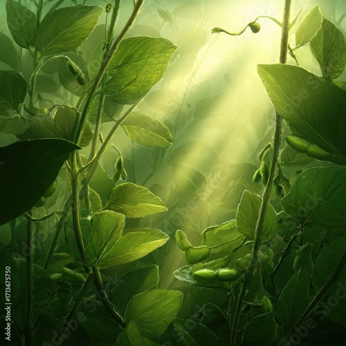 A Hidden World of Verdant Leaves Bathed in Ethereal Morning Sunlight.