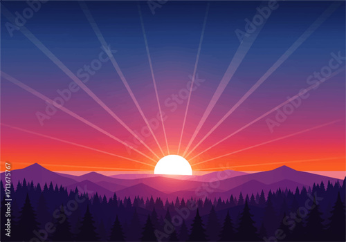 A vibrant sunset or sunrise over a mountainous landscape, with a forest in the foreground and radiating light beams.