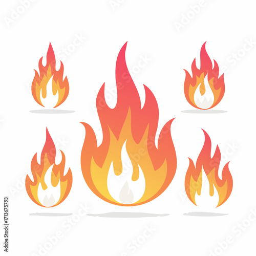 A fiery set of burning flames, icons, and vector symbols illustrates a hot design element for danger and power
