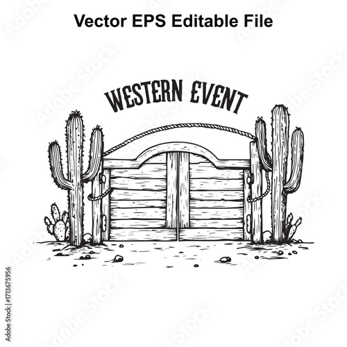 Vector art of western event wooden gate with cactus plants